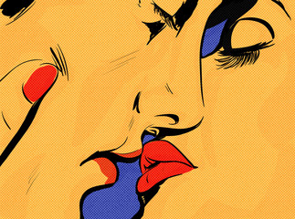 pop-art sensualiteit liefdespaar, close-up, kus, kleurtekening