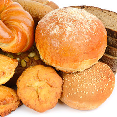 Cereal bread, croissants and sweet pastries isolated on white background.