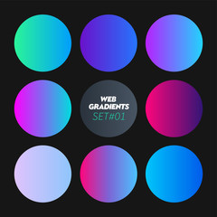 Round Gradients Set with Modern Abstract Backgrounds. Trendy and Modern Colors Gradient for Website. Circle Gradients Set for Web, Screens, Mobile App UI and UX Design. Colorful Flat Neon Palette.