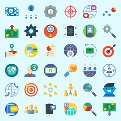 Icons set about Marketing with money, target, settings, growth, teamwork and line chart