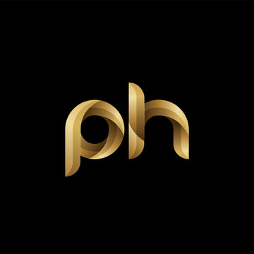Initial lowercase letter ph, swirl curve rounded logo, elegant golden color on black background