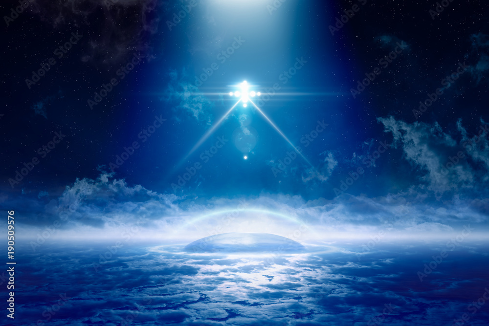 Wall mural ufo with bright spotlights fly abobe aliens extraterrestrial colony under protective dome