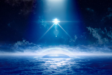 UFO with bright spotlights fly abobe aliens extraterrestrial colony under protective dome © IgorZh