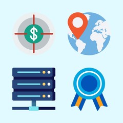 Icons set about Seo with worldwide, quality, server, target and location