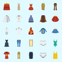 Icons set about Women Clothes with shirt, pants, sleeveless, suit, swimsuit and skirt