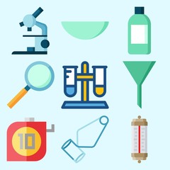 Icons set about Laboratory with loupe, separator funnel, thermometer, jar, funnel and test tube