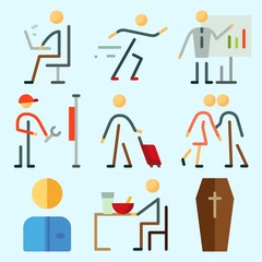 Icons set about Human with worker, reperation, coffin, working, male and whiteboard