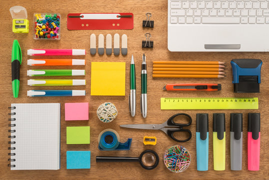 School office supplies on a desk  