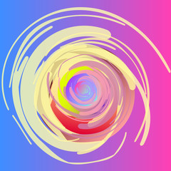 Abstract drawing. Spirals, fuzzy twisting circles, painted with large strokes. Alternative background. The main colors of the vector are shades of pink, blue, yellow.