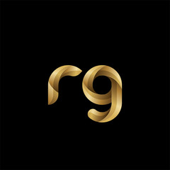 Initial lowercase letter rg, swirl curve rounded logo, elegant golden color on black background