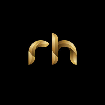 Initial lowercase letter rh, swirl curve rounded logo, elegant golden color on black background