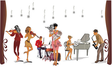Naklejka na ściany i meble Musicians at the party. Jazz band. Hand drawn vector illustration.