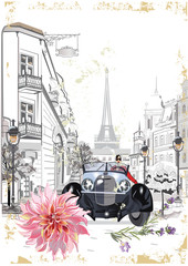 Fashion girl in a hat and in  a coat  shopping in the street of the old city. Retro car. Hand drawn vector architectural background with historic buildings.