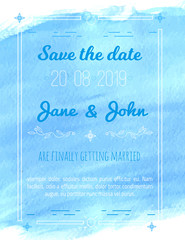 Save the date watercolor card in blue colors. Vector illustration