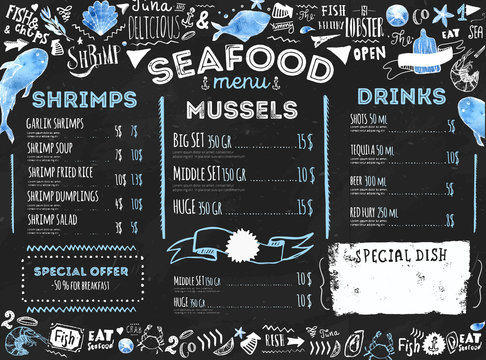 Seafood menu with sketch fish and lettering. Identity for restaurant and cafe. Hand drawn Design template with hand-drawn illustrations on dark chalkboard