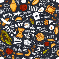 Naklejka premium Italian pasta Seamless pattern with sketch Spaghetti, olive oil and hand drawn lettering. Template for modern menu