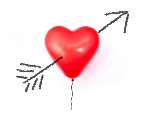 Valentine day. Real red  balloon, shape of heart  with drawn arrow.