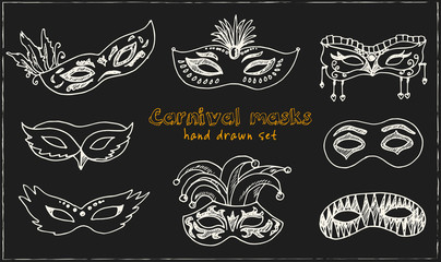 Hand drawn doodle carnival masks set. © fafarumba