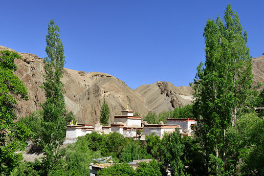 View on the beautifully Buddhist Choskhor monastery in the Alchi village in the Ladakh. This region is a purpose of motorcycle expeditions organised by Indians