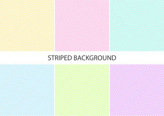 Set of pastel striped pattern with colorful diagonal parallel continuous lines on white background, pastel colors. Vector illustration