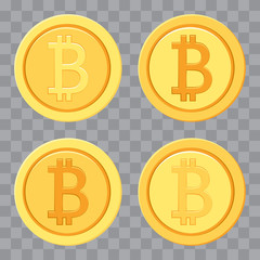 Set of golden bitcoins on transparent background. Money icon. Vector illustration