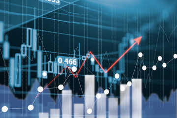 Digital data indicator analysis on financial market trade chart on LED. Concept Stock data trade. Double exposure style - obrazy, fototapety, plakaty