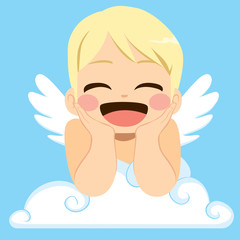 Cute little angel happy with wings on cloud smiling