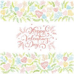 Floral elements with colorful hearts and lettering Happy Valentines Day