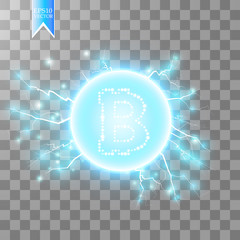 Bitcoin mining, conceptual illustration.. Digital money. Concept design of cryptocurrency. Sign bitcoin on transparent background with generation particles energy. Vector illustration.