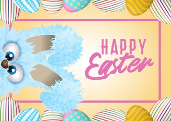 Happy Easter greeting card with painted or decorated eggs and cute blue fluffy bunny that is hiding. Cartoon animal character. Easter poster, banner or flyer.