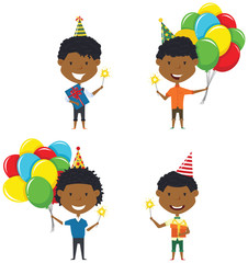 Happy African-American boys carrying colorful wrapped gift boxes, bright balloons and sparklers.