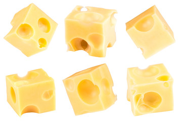Cube of cheese isolated on a white background. Collection. With clipping path