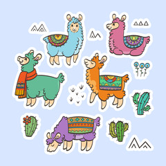 Cute outline llamas. Ink vector illustration. For children and coloring books