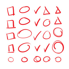 Red Circle, checkmark, check box, and triangle Grading Marks w Swoosh Feel for Marking up Papers