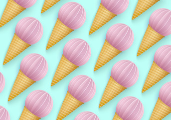 Ice cream cone background, 3D, Punchy Pastels style. Regular pattern with abstract images of ice cream in paper cut style. Minimal summer food concept. Vector illustration