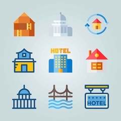 Icon set about Construction. with 5 stars hotel, capitol and house
