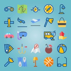 Icon set about Beach And Camping. with beverage, aircraft and hand gesture