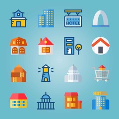 Icon set about Construction. with carrier, lighthouse and home