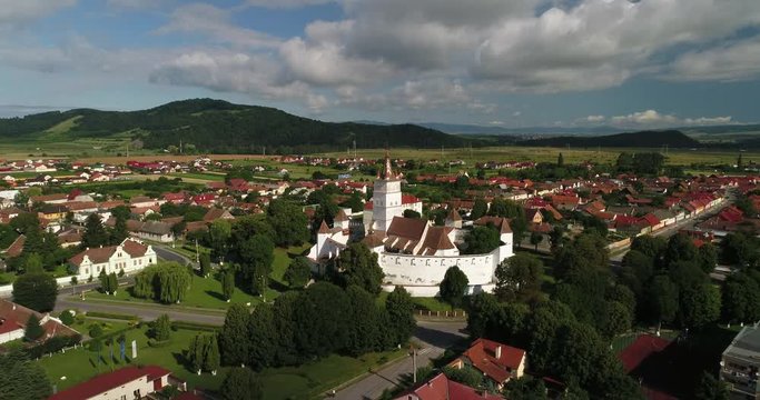 Aerial view of the fortified church in Harman, Transylvania, Romania
