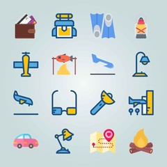 Icon set about Beach And Camping. with pink car, location and light