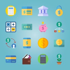 icon set about Currency with card, piggy bank, growth, bank and coin