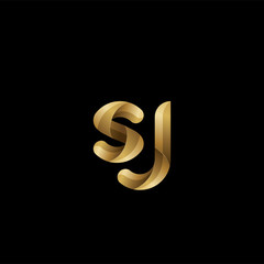 Initial lowercase letter sj, swirl curve rounded logo, elegant golden color on black background