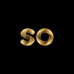 Initial lowercase letter so, swirl curve rounded logo, elegant golden color on black background