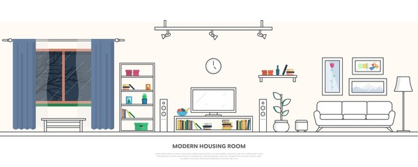 Interior of a modern living room in a linear style. Vector illustration.