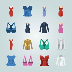 Icon set about Woman Clothes. with bra, dress and coat