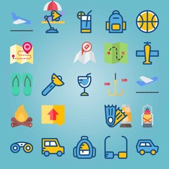 Icon set about Beach And Camping. with school backpack, arrival and direction