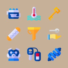 icon set about car engine with fuse, funnel and car key