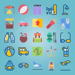 Icon set about Beach And Camping. with fire, map and departure