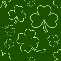 Green seamless pattern with four and tree leaf clovers for Saint Patrick's Day. Vector illustration