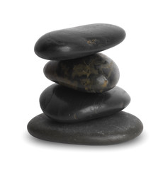 Pile of four smooth black pebble stones isolated on white background